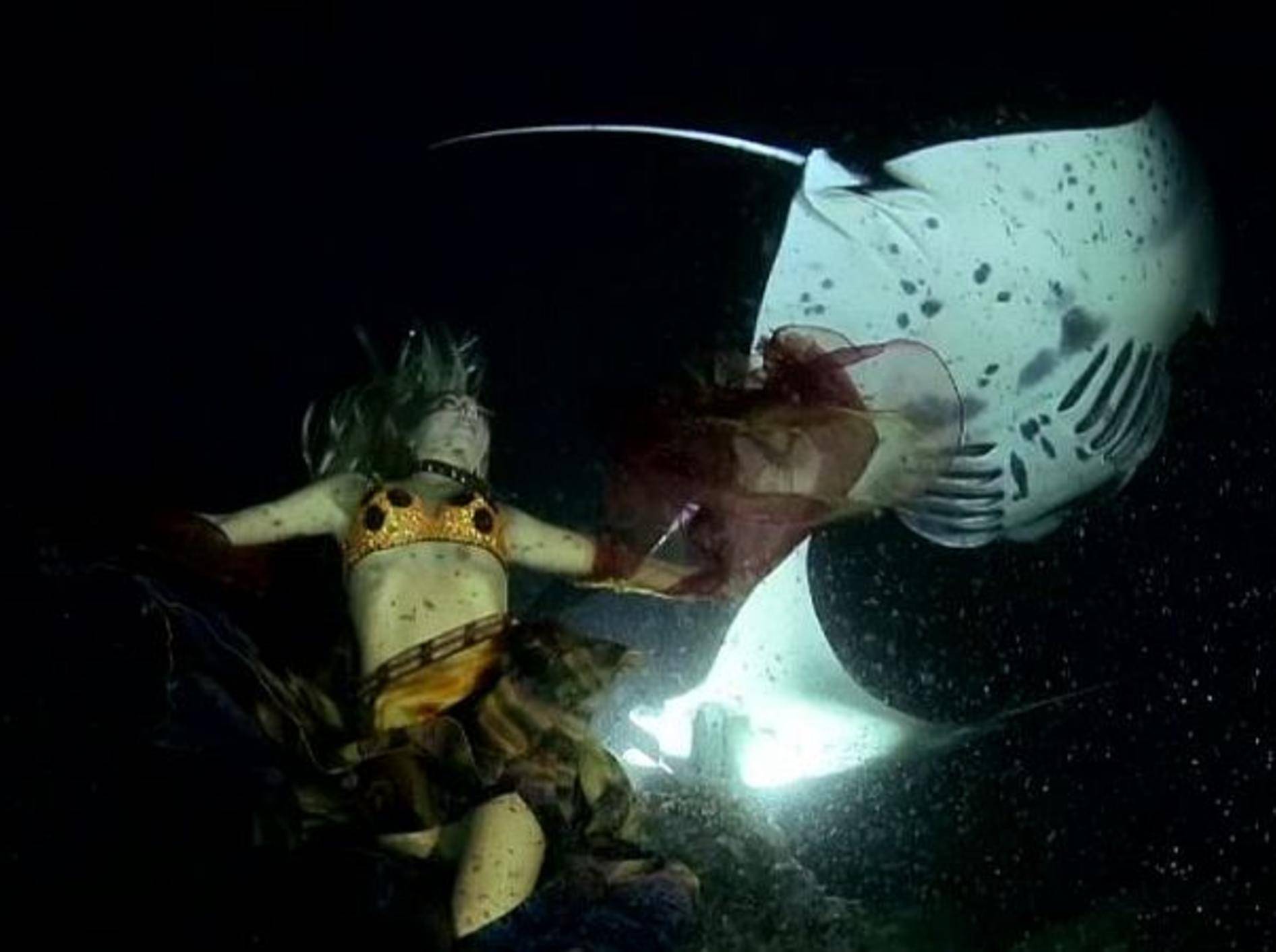 Unterwassertanz mit Rochen und Model – Bild: Youtube / sharksavers